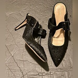 Via Spiga Black embellished open back mule style heels with buckle size 9.5 new